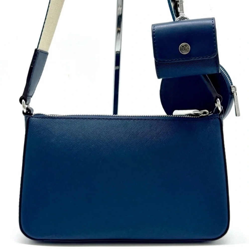 Michael Kors Small Leather Crossbody Bag w Case for Apple Airpods Pro® Navy - Picture 6 of 11